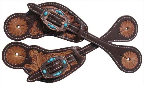 Showman Leaf & Floral Tooled Leather Spur Straps w Turquoise Stones! New Horse TACK!