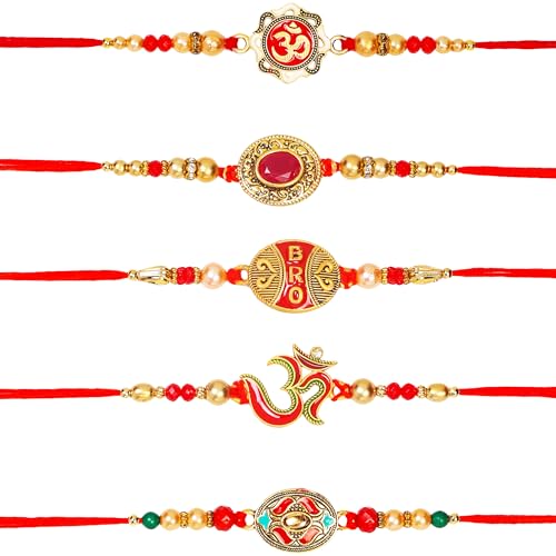Set of 5 Rakhi for Brother & Sister Om Rakhi | Raksha bandhan Designer Rakhi Bracelet for Brother Kundan Rakhi for Bhaiya Rakhi with Greeting Card & Roli Chawal