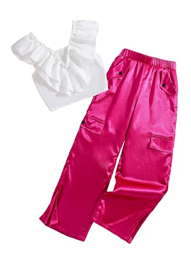 Image of Floerns Girl's 2 Piece Outfit V Neck Blouse Top with Flap Pocket Pants Set