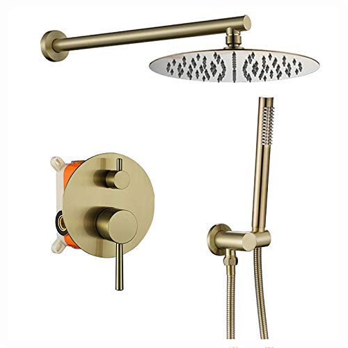 シャワーシステム ブラッシュドゴールド シャワー蛇口セット 真鍮シャワーコンボセット 壁掛け式 モダン 10インチ レインミキサーシャワー ハンドヘルドシャワー付き 埋め込みボックス 真鍮シャワー,Stainless Steel Shower Head