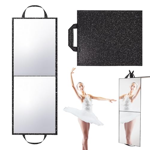 Foldable Full Length Mirror 2 in 1 Hangable & Tabletop Acrylic Mirror Portable Travel Mirror with Handle for Dance Bedroom Wardrobe Stage Makeup Checks Camping Outdoor Use (32.2 x 12.5 Bi-Fold)