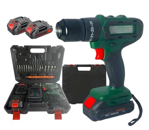 Trapano Avvitatore a Batteria con Percussione Doppia Batteria 68V 5000mAh Mandrino in Metallo da 13mm Doppia Velocità 0-350/0-1200 RPM con Luce LED + Accessori è Valigetta