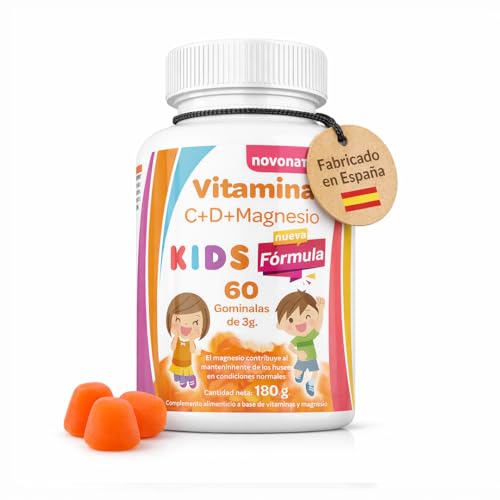 Vitaminas niños C + D + Magnesio, en formato gominola o gummies masticables, fortalece el sistema inmunitario, aumenta las defensas y ayuda al crecimiento, masticables sabor a melocotón.