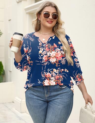Rapbin Womens Plus Size Tops 3/4 Sleeve Blouses Shirts Casual V Neck Loose Tunic Tops 1X-5X
