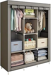 ACCSTORE Canvas Wardrobe Cupboard Clothes Storage Organiser With 2 Hanging Rail and 6 Shelves,Grey