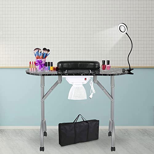 LEIBOU Professional 35''L Portable & Foldable Manicure Table Nail Technician Desk Workstation Salon Spa with Magnifier USB LED Lamp,Fan dust Collector,Sponge,Carrying Bag (Black Flower) by LEIBOU - Used condition - US$89.96
