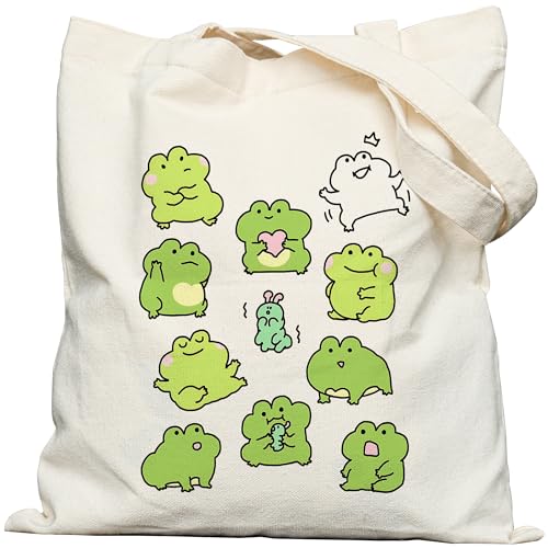 EFFUSON Canvas-Tragetasche mit ästhetischen Drucken, niedliche Tragetasche für Frauen und Mädchen, mit breitem Riemen, Geschenke für Katzenbuchliebhaber, 14 Kawaiifroggy, Medium