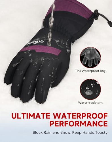 AXEVMEN Guantes de invierno impermeables para esquí y nieve para mujeres y hombres (rojo rosa, talla L) - imagen 3