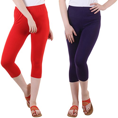 Image of DIAZ Women Cotton Stretchable Capri | Slim /Regular Fit | Breathable Yoga, Gym & Lounge Wear | High-Waist Stretchable 3 /4 Length Leggings with Wide Waistband - Pack of 2