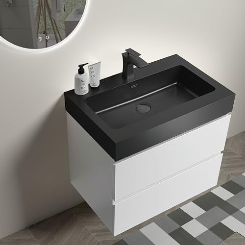 Alice 24\" White Bathroom Vanity with Sink, Large Storage Wall Mounted Floating Bathroom Vanity for Modern Bathroom, One-Piece Black Sink Basin Without Drain and Faucet