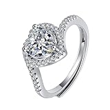 Homxi Anillos de Bodas Oro Blanco 14K para Mujer, Corazón con Diamante Creado, Anillos de Mujer Plata, Talla 12(52mm)