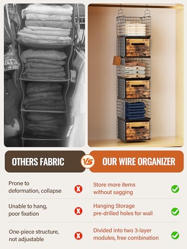 Closet Hanging Organizer with Drawers, 6 Tier Metal Closet Organizers and Storage with 4 Hanging Hooks 4 S-Hooks for Wardrobe Laundry Room, Wire Storage Shelf for Clothes Sweaters Pants (Black) - Image 5
