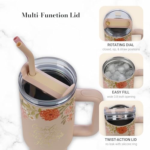 Image of Christian Art Gifts Extra Large Stainless Steel Double-Wall Insulated Inspirational Scripture Travel Mug Tumbler for Women: Wildflowers Grow Verse, Reusable Straw, Twist Lid, Peach Pink Floral, 40 oz.