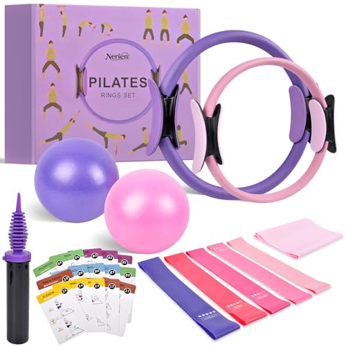 Pilates Ring Ball Equipment Kit - 27Pcs, 12" & 14" Magic Circle Workout Rings, 9.8" Exercise Balls, Workout Cards, Resistance Bands, Women Yoga Essentials Set for Beginners, Home Reformer Accessories