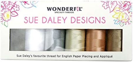 WonderFil Sue Daley Designs Neutrals Specialty Threads, 6 x 273yd spools 2-Ply 80wt Cottonized Soft Polyester Silk-Like Thread Fine Sewing English Paper Piecing EPP Applique Sewing Decobob