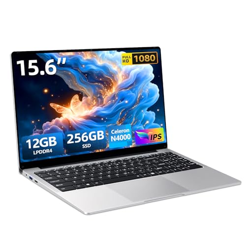 Ordenador Portátil 15,6 Pulgadas, 12 GB RAM LPDDR4 256 GB SSD Celeron N4000 procesador Laptop, PC Portátil con pantalla FHD 1080p, rotación de 180°, USB 3.0, mini HDMI, ranura para tarjeta TF, WiFi