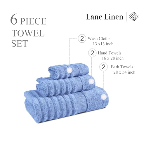 Image of LANE LINEN 100% Cotton Bath Towel - 6 Piece Set - Hotel Grade Luxury Zero Twist Cotton - 2 Bath, 2 Washcloths, 2 Hand Towels for Bathroom - Super Soft, Quick Dry & Highly Absorbent - Cerulean Blue