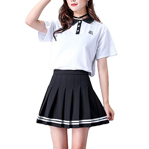 Saia feminina preppy plissada, evasê, listrada, curta, saia para uniforme escolar, Preto, XG