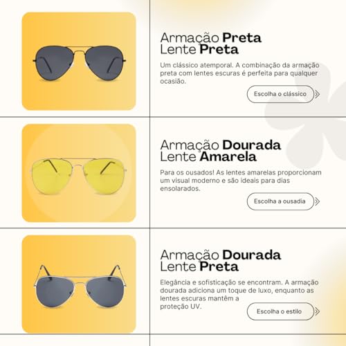 Óculos De Sol Aviador Unissex Lentes Proteção UV Armação Reforçada Moda Classica Estilo Casual PREMI