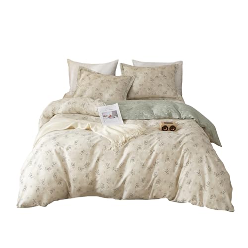 mixinni Duvet Cover Set Floral Queen Size 100% Cotton Bedding Flower Green Leaves on Beige Comforter Cover Set (1 Duvet Cover+ 2 Pillowcases) for Her and Him-Easy Care, Soft and Durable Queen Size