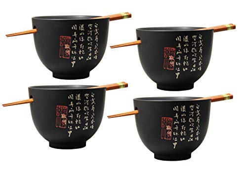 [ ZEIT SCHWARZ ] 4x Soba Bowl/Suppen-/Nudel-/Reisschale + 4 Paar Essstäbchen Cover