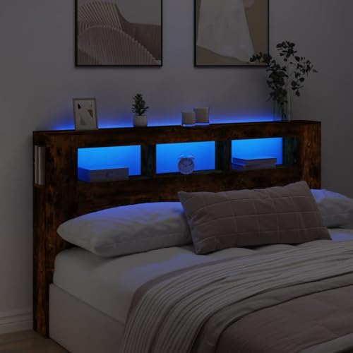 Capwee Tête de Lit 180 Avec Rangement LED Pour Adulte - Bois-Chêne Fumé - 180 x 103.5 cm