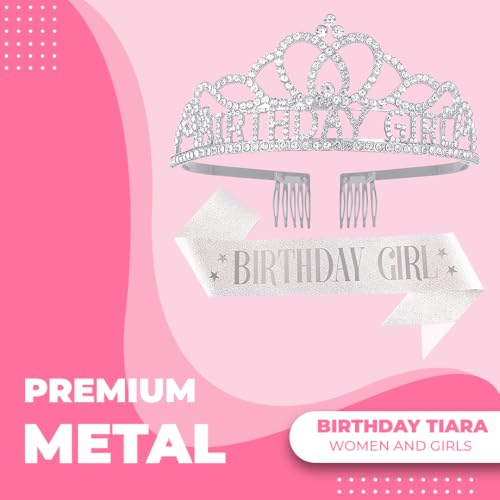Birthday Tiara and Crown with Sash for Women, Hair Accessories for Wedding Party Costume (A1 - Silver)