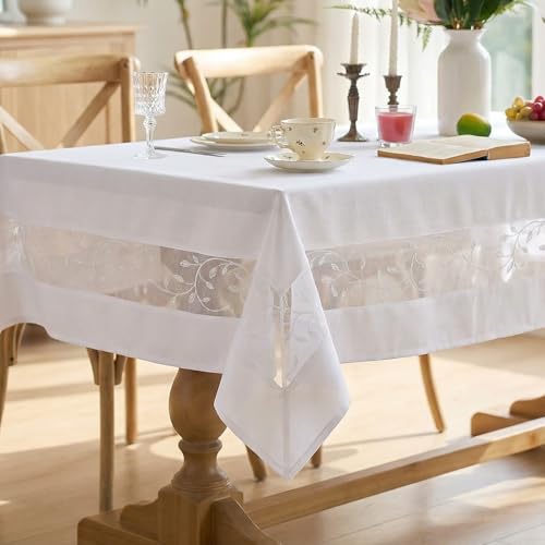 youngseahome Polyester Fabric Tablecloth with Exquisite Embroidery Sheer Border-Waterproof/Wrinkle Resistant-for Dining,Indoor&Outdoor,Wedding,Holiday,White,Square 52x52Inch
