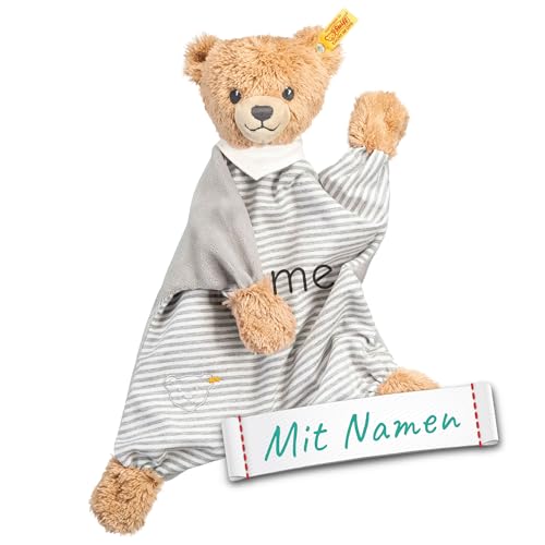 LALALO Steiff Schlaf Gut Bär Schmusetuch Bestickt mit Namen für Baby & Kinder personalisiert, Kuscheltuch, 30 cm, Mädchen / Junge (Grau)