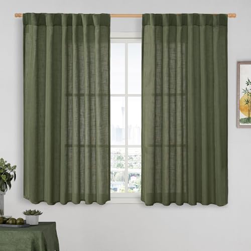 LAMIT Olive Green Light Filtering Linen Curtains 54 inches Long for Bedroom, Linen Textured Semi Sheer Back Tab and Rod Pocket Christmas Drapes for Living Room, 2 Panels, 52 x 54 Inch