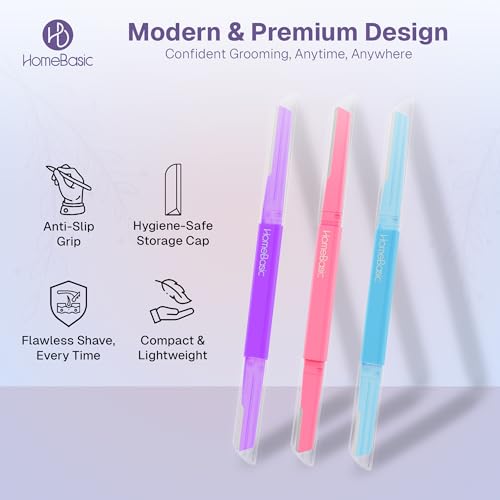 Image of HomeBasic Face Razor for Women | Dual Blade Eyebrow Trimmer & Dermaplaning Tool for Facial Hair Removal | Reusable Stainless Steel Grooming Tool for Upper Lip, Chin, Forehead & Peach Fuzz | Pack of 3