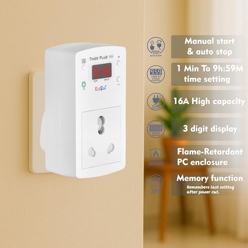 Image of EleQua 16A Auto Power Cut-Off Timer Plug | Ideal for Pump, E-Bike Charger, Geyser & Home Appliances | Made in India