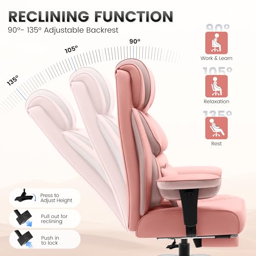 Image of BestGlory Office Desk Chair, Big and Tall Leather Gaming Chair with Footrest, Ergonomic Comfy Executive High-Back Reclining Computer Chairs, Wide Swivel Rolling Wheels and Padded Lumbar Support, Pink