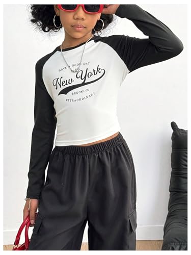 SHENHE Girl's Graphic Long Sleeve Crop Tee Color Block Crew Neck Raglan Tshirt Top3