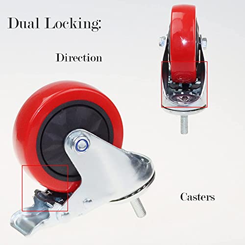 Image of Heavy Duty Stem Caster Wheels M10-1.5X25mm Dual Locking No Noise PVC Threaded Stem Caster Wheels Pack of 4 for Workbench, Dolly, Furniture (4 Inch, Red)