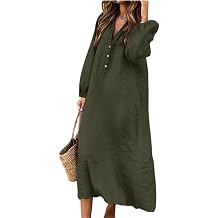 Womens 2026 Summer Henley Neck Linen Maxi Dress Long Sleeve Loose Flowy Dress Casual Beach Vacation Dress