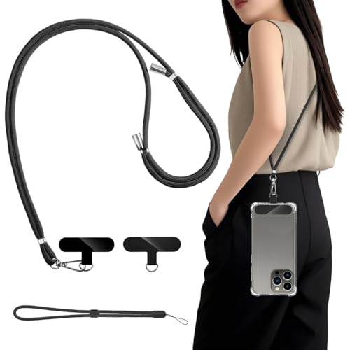 T Tersely 2 Packs Mobile Phone Lanyard with 2Pcs Phone Patch Tether Tab, Adjustable Nylon Neck Strap Lobster Clasp Hanging Strap Safety Tether for Most Smartphones Cell Phone Accessories (Black)