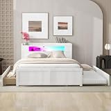 Okak Queen Size Bed Frame with Trundle - Wood Platform Bed with LED Lights Headboard 2 Storage Drawers and Twin Trundle Bed,White
