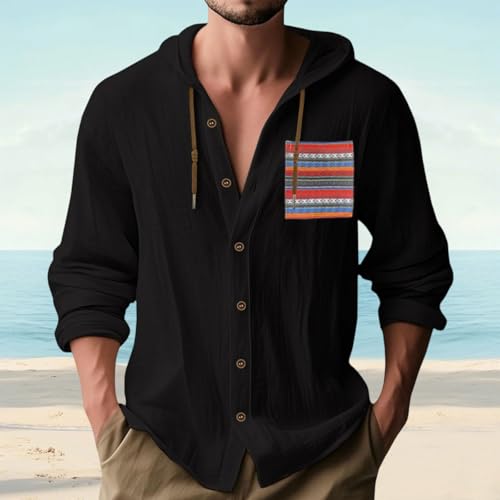 Men Cotton Linen Long Sleeve Button Down Shirt Comfy Lightweight Hoodies Summer Casual Beach Linen Shirt2