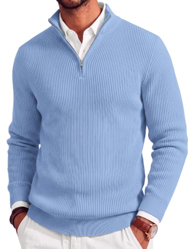 COOFANDY Men's 1/4 Zip Pullover Slim Fit Mock Neck Long Sleeve Sweater Blue