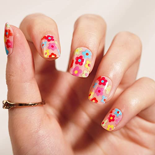 Press On Nails Short Fake Nails With Nail Glue Oval Shape False Nails With Multicolour Flower Designs Full Cover Stick On Nails Acrylic Artificial Nails For Women Nail Decorations 24Pcs #TOP1
