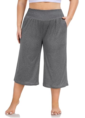 ZERDOCEAN Womens Plus Size Wide Leg Capris High Waist Yoga Pants Casual Loose Lounge Pants with Pockets Dark Gray 3X
