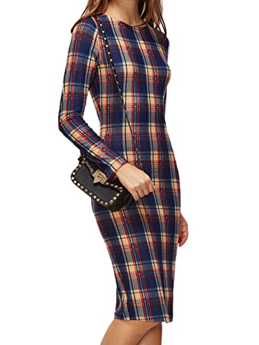 Makemechic Women's Scoop-Neck Plaid Long-Sleeve Knee Fitted Dress, Blue, X-Small #TOP7