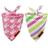 Realeaf Easter Dog Bandanas 2 Pack, Reversible Pink Bunny Colorful Stripe Spring Pet Scarf for Girl,Holiday Bandana for Small Medium Large and Extra Large Dogs (Large)