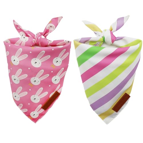 Realeaf Easter Dog Bandanas 2 Pack, Reversible Pink Bunny Colorful Stripe Spring Pet Scarf for Girl,Holiday Bandana for Small Medium Large and Extra Large Dogs (Large)