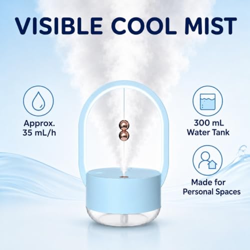 Mini Cool Mist Humidifier with Night Light, 300mL Portable Desktop Humidifier with Magnetic Ball Accent, USB-C Rechargeable Quiet Personal Humidifier for Bedroom, Office and Bedside(White) - Image 3