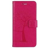 JAWSEU Kompatibel mit OnePlus 5T Hülle Leder Flip Case Wallet Tasche Cover Hüllen Eule Baum Muster PU Handyhülle Brieftasche Etui Schutzhülle Handytasche Magnetisch Ständer,Rose rot