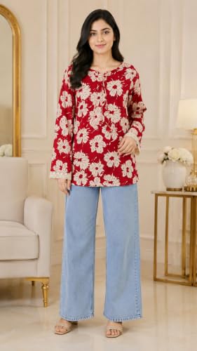 Image of Women's Floral Printed Cotton Kurti Summer Cotton Tunic Top for Girls