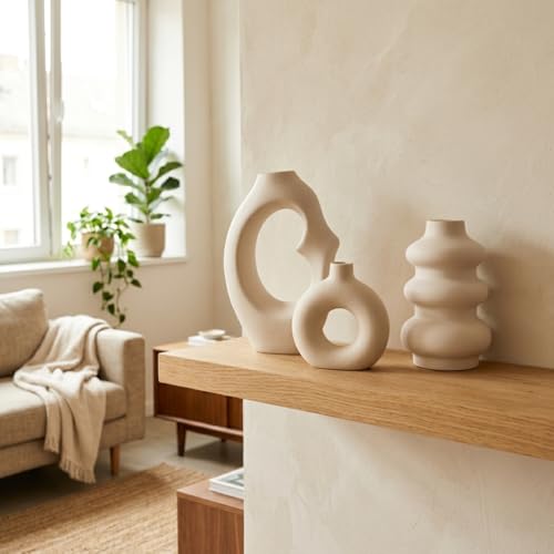 Image of Ceramic Decorative Vase Set of 3 | Modern Nordic Donut Shape Vases | Aesthetic Flower Vase for Home Decoration, Living Room, Office, Shelf Styling | Matte Finish