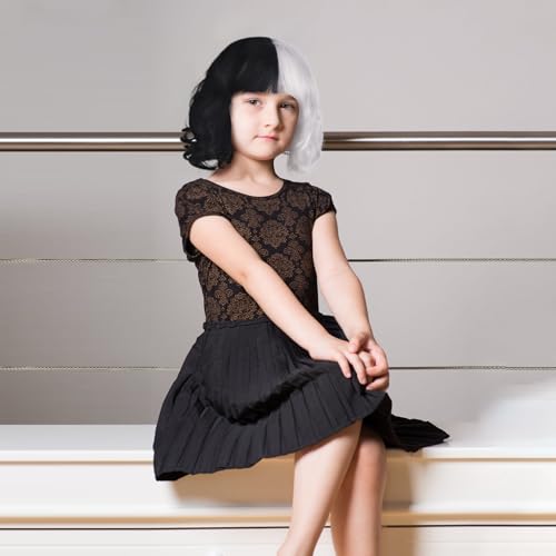 Fennoral Cruella Deville Perücke Kinder Halb Schwarz Halb Weiß Kurze Perücken mit Haarspange Perückenkappe Cruella Cosplay Zubehör Kinder Halloween Karneval Rollenspiel Mottoparty Maskerade